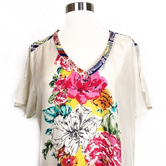 Johnny Was Silk Floral Asymmetric Tunic Blouse - Picture 2 of 8